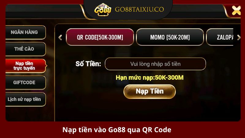 QR Code là hình thức nạp tiền trực tuyến tại Go88